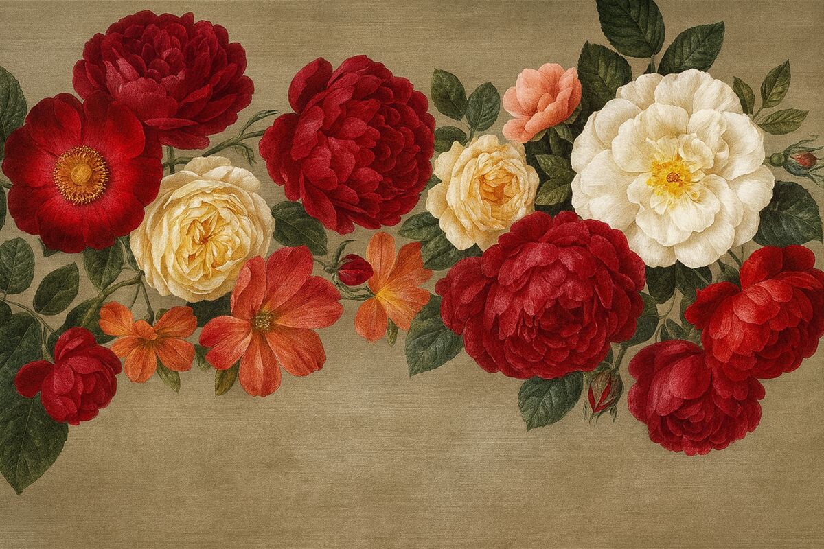 Fototapeta Sztuka w stylu vintage, kolorowe kwiaty z liśćmi na neutralnym, teksturowanym tle.