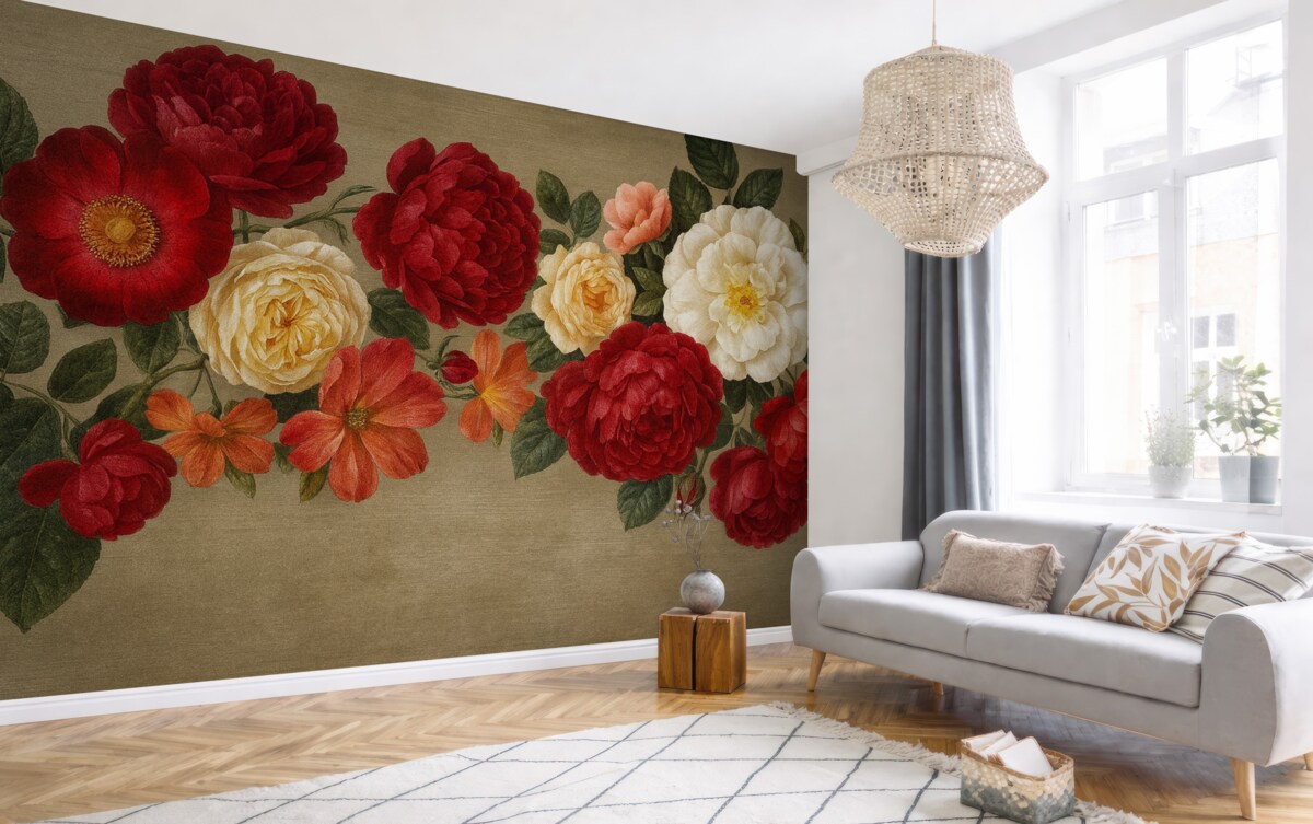 Fototapeta Sztuka w stylu vintage, kolorowe kwiaty z liśćmi na neutralnym, teksturowanym tle.