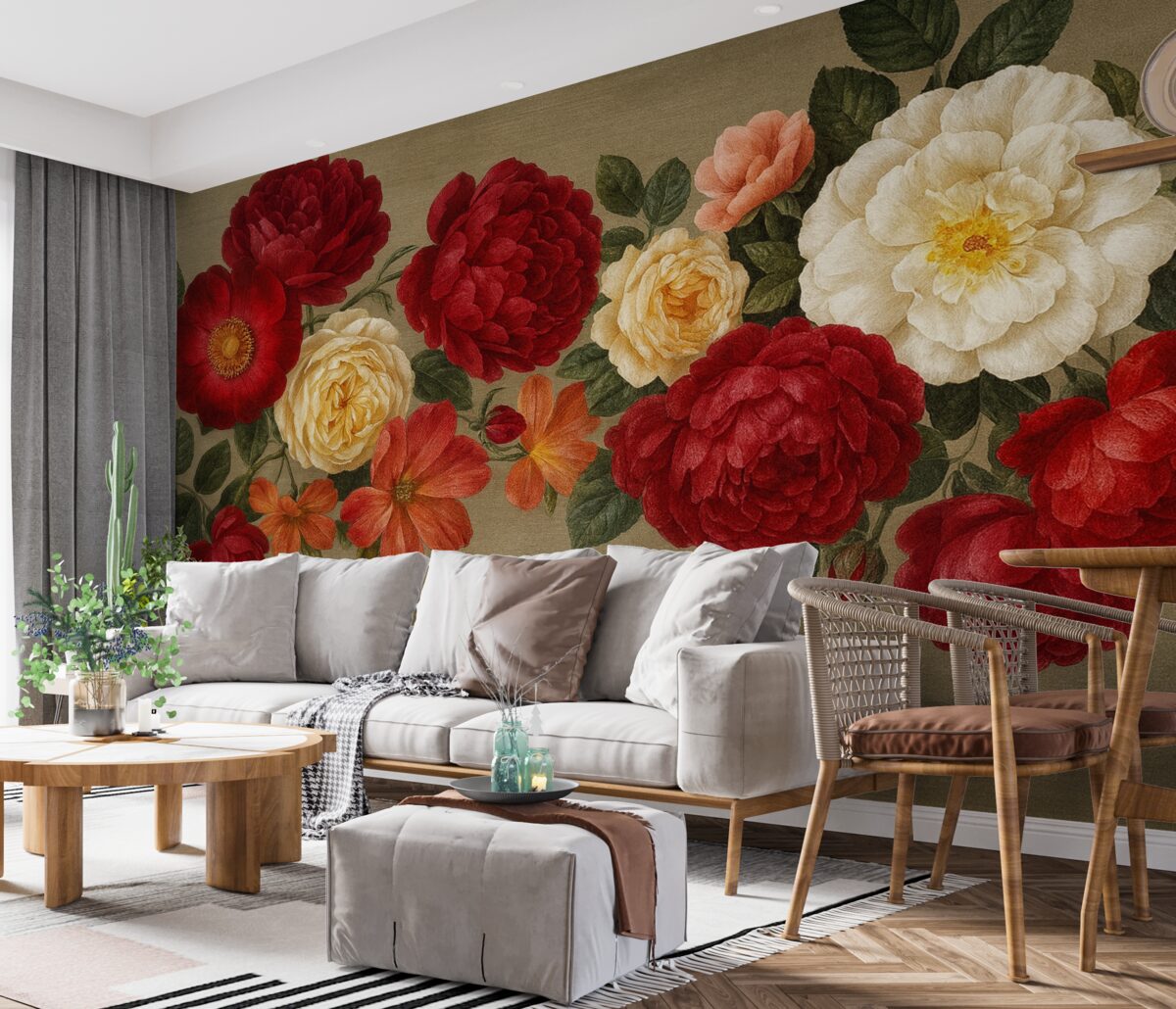 Fototapeta Sztuka w stylu vintage, kolorowe kwiaty z liśćmi na neutralnym, teksturowanym tle.