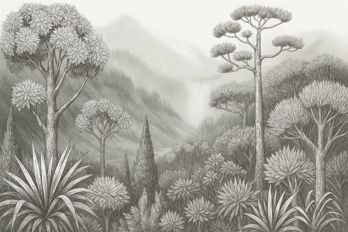 Fototapeta Czarno-biały widok z różnorodnymi gatunkami drzew i roślin oraz górami w tle.