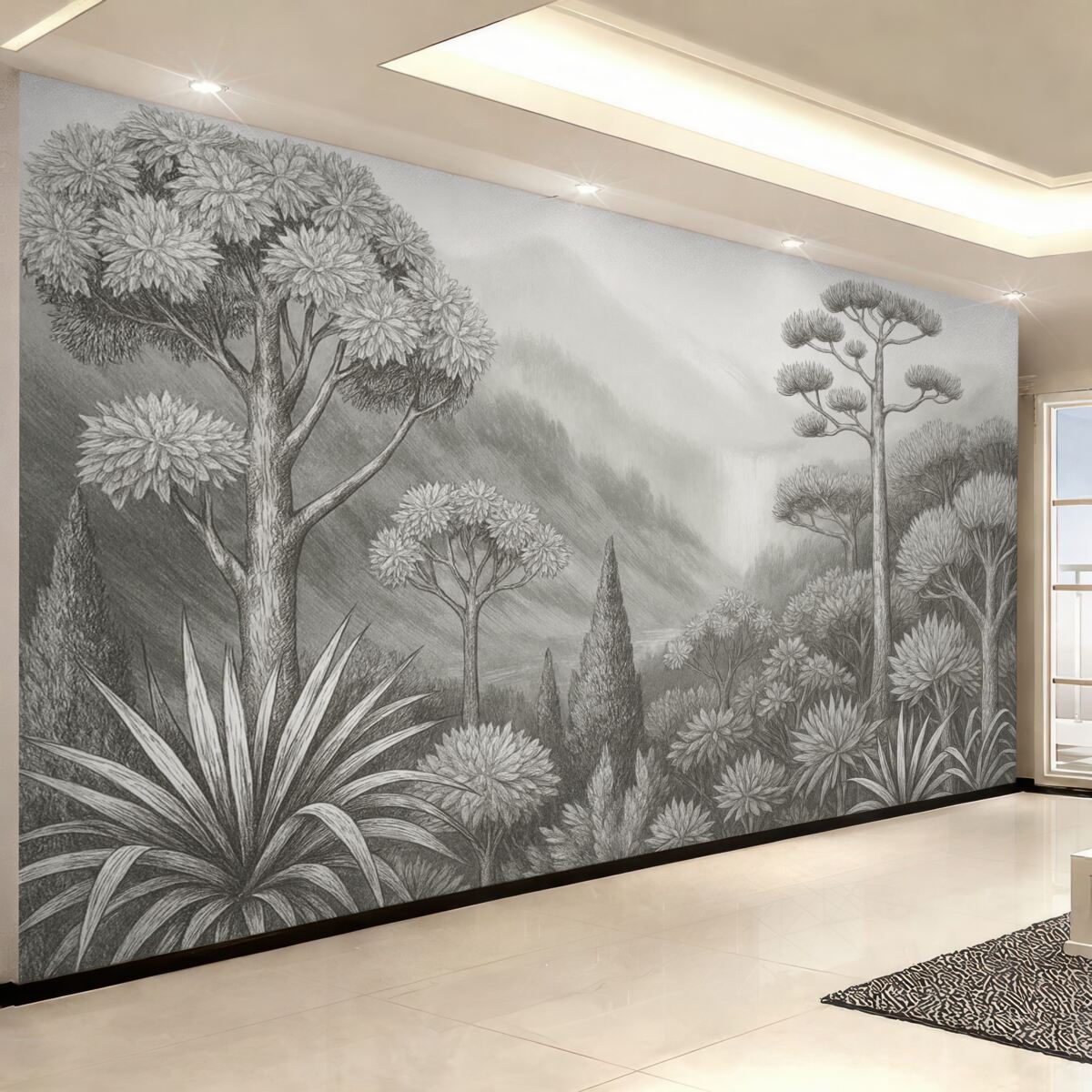 Fototapeta Czarno-biały widok z różnorodnymi gatunkami drzew i roślin oraz górami w tle.