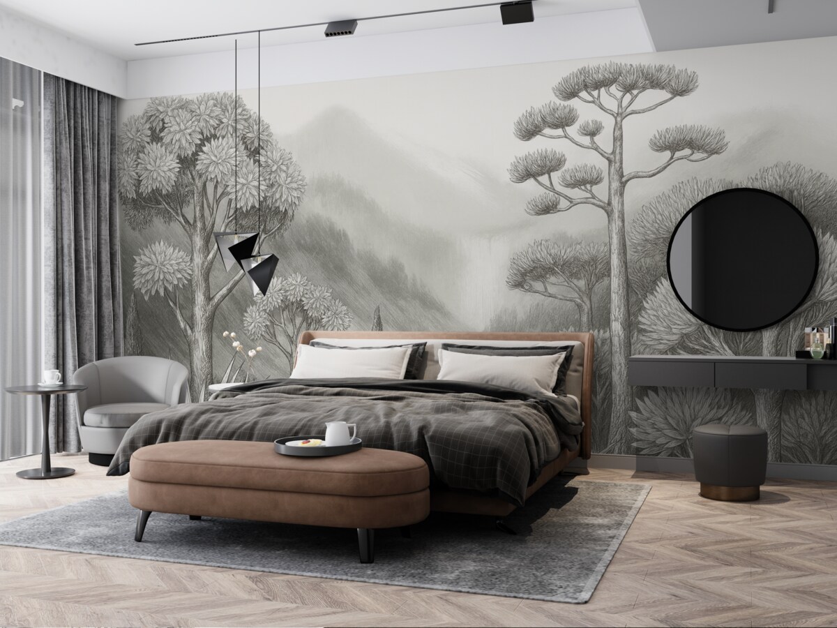 Fototapeta Czarno-biały widok z różnorodnymi gatunkami drzew i roślin oraz górami w tle.