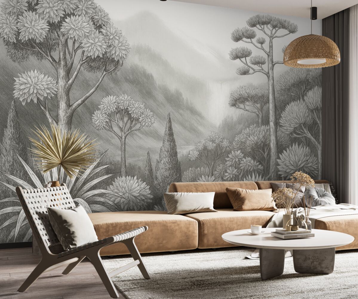 Fototapeta Czarno-biały widok z różnorodnymi gatunkami drzew i roślin oraz górami w tle.