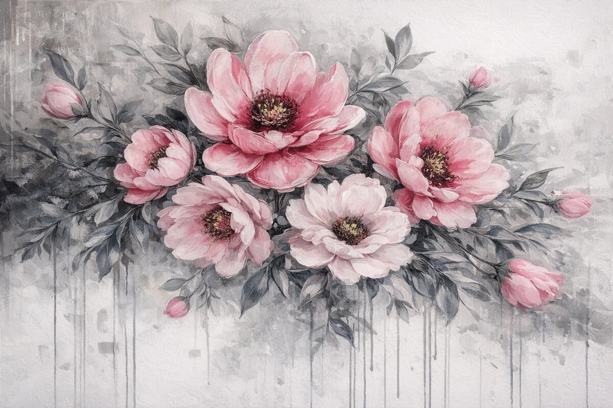 Fototapeta Abstrakcyjne kwiatowe piwonie w akwareli w subtelnych odcieniach różu i szarości.