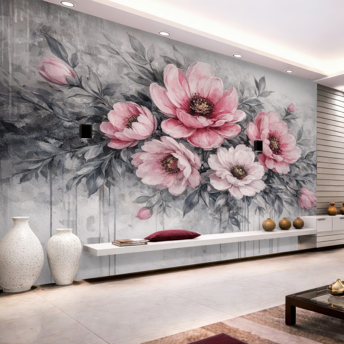 Fototapeta Abstrakcyjne kwiatowe piwonie w akwareli w subtelnych odcieniach różu i szarości.