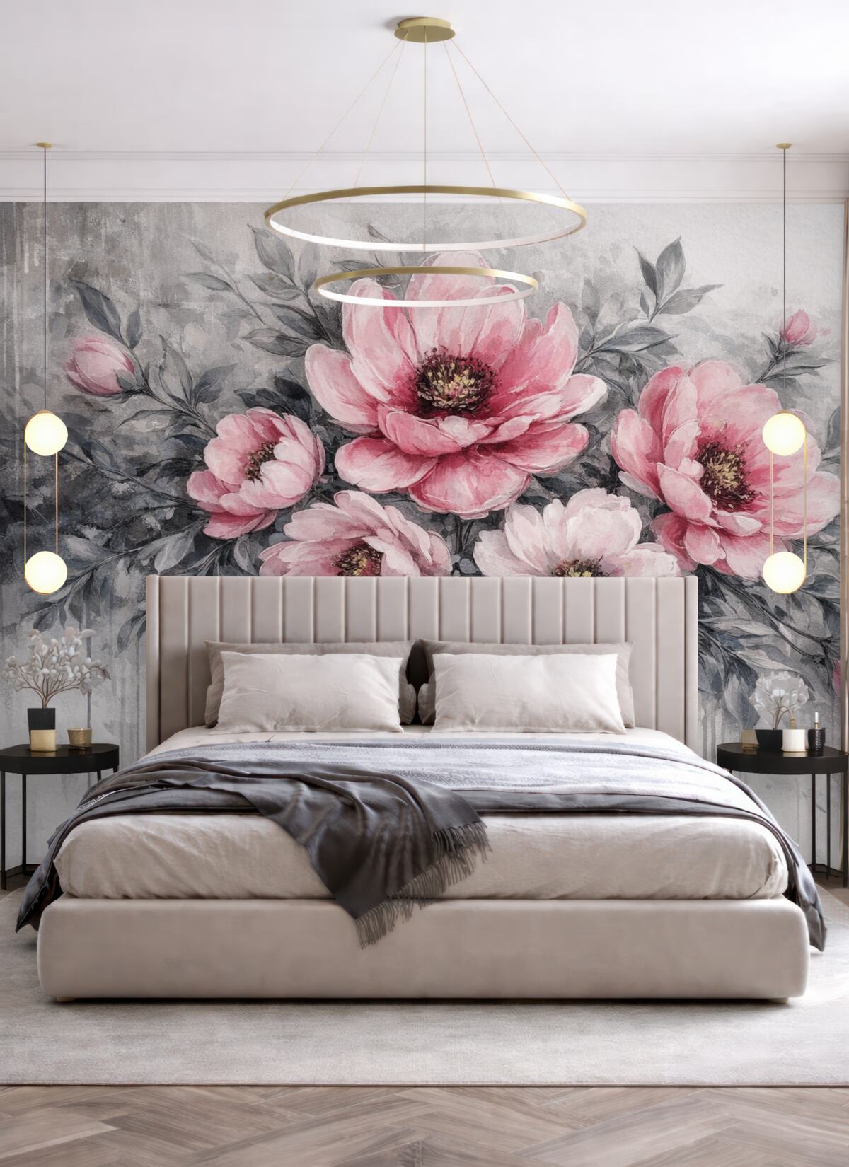 Fototapeta Abstrakcyjne kwiatowe piwonie w akwareli w subtelnych odcieniach różu i szarości.