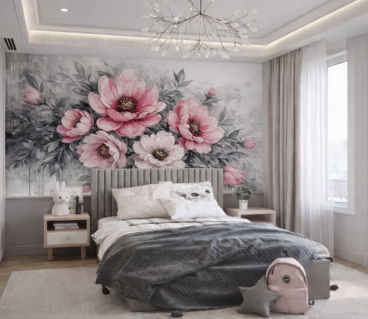 Fototapeta Abstrakcyjne kwiatowe piwonie w akwareli w subtelnych odcieniach różu i szarości.