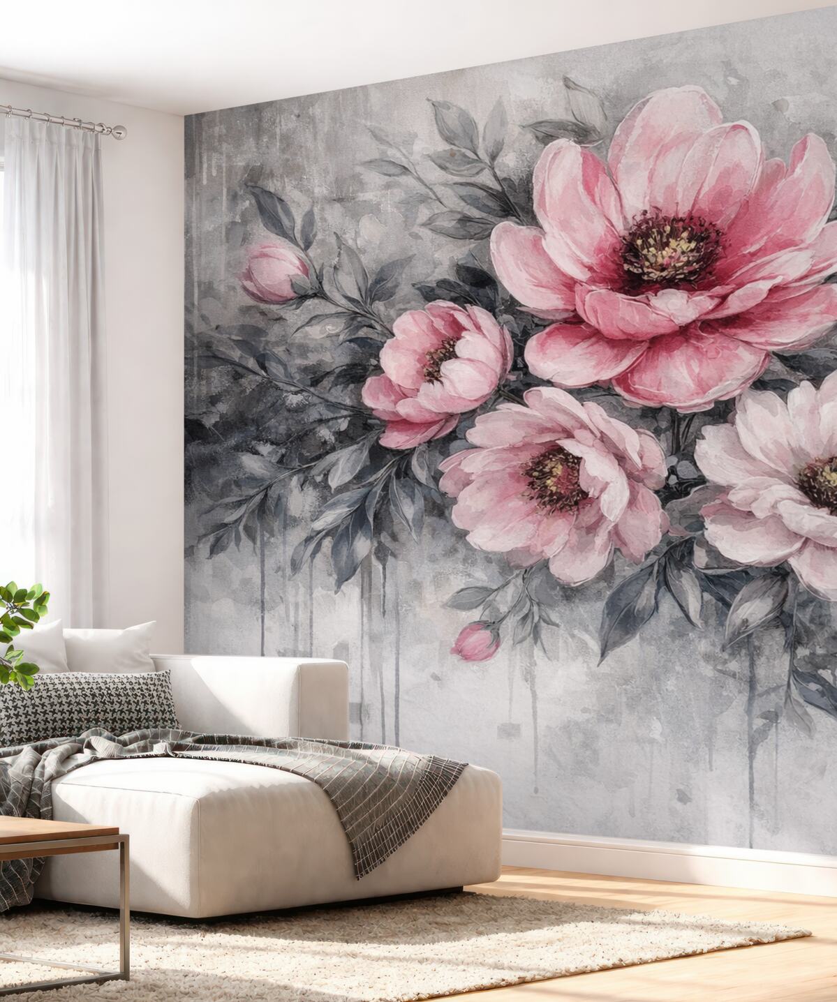 Fototapeta Abstrakcyjne kwiatowe piwonie w akwareli w subtelnych odcieniach różu i szarości.