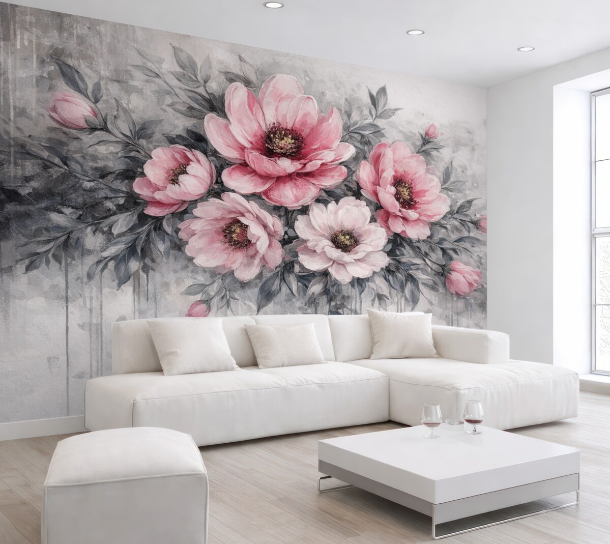 Fototapeta Abstrakcyjne kwiatowe piwonie w akwareli w subtelnych odcieniach różu i szarości.