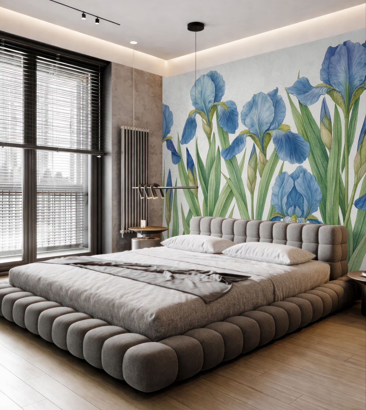 Fototapeta Wielkie malowane irysy na białej betonie.