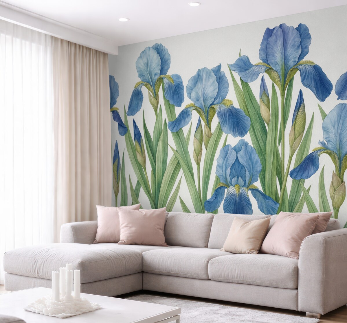 Fototapeta Wielkie malowane irysy na białej betonie.