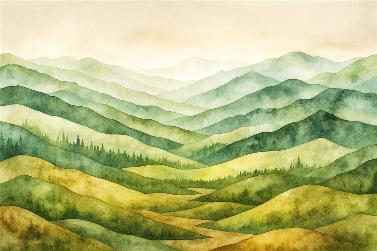 Fototapeta Akwarelowe pejzaże górskie, las, naturalne odcienie zieleni i beżu.