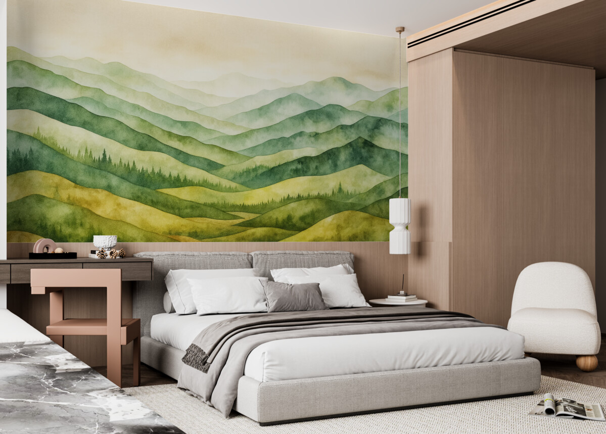 Fototapeta Akwarelowe pejzaże górskie, las, naturalne odcienie zieleni i beżu.