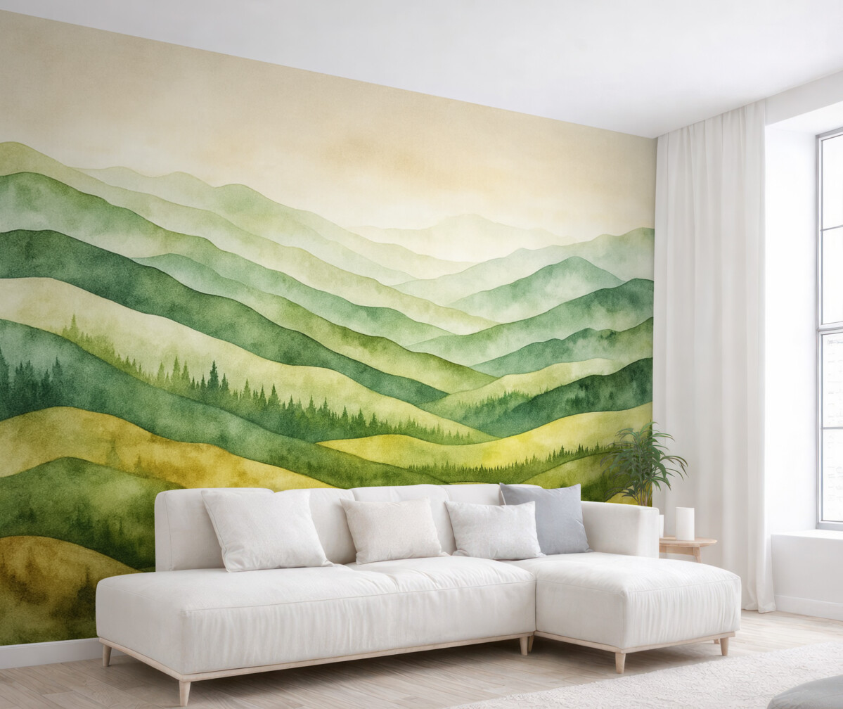 Fototapeta Akwarelowe pejzaże górskie, las, naturalne odcienie zieleni i beżu.