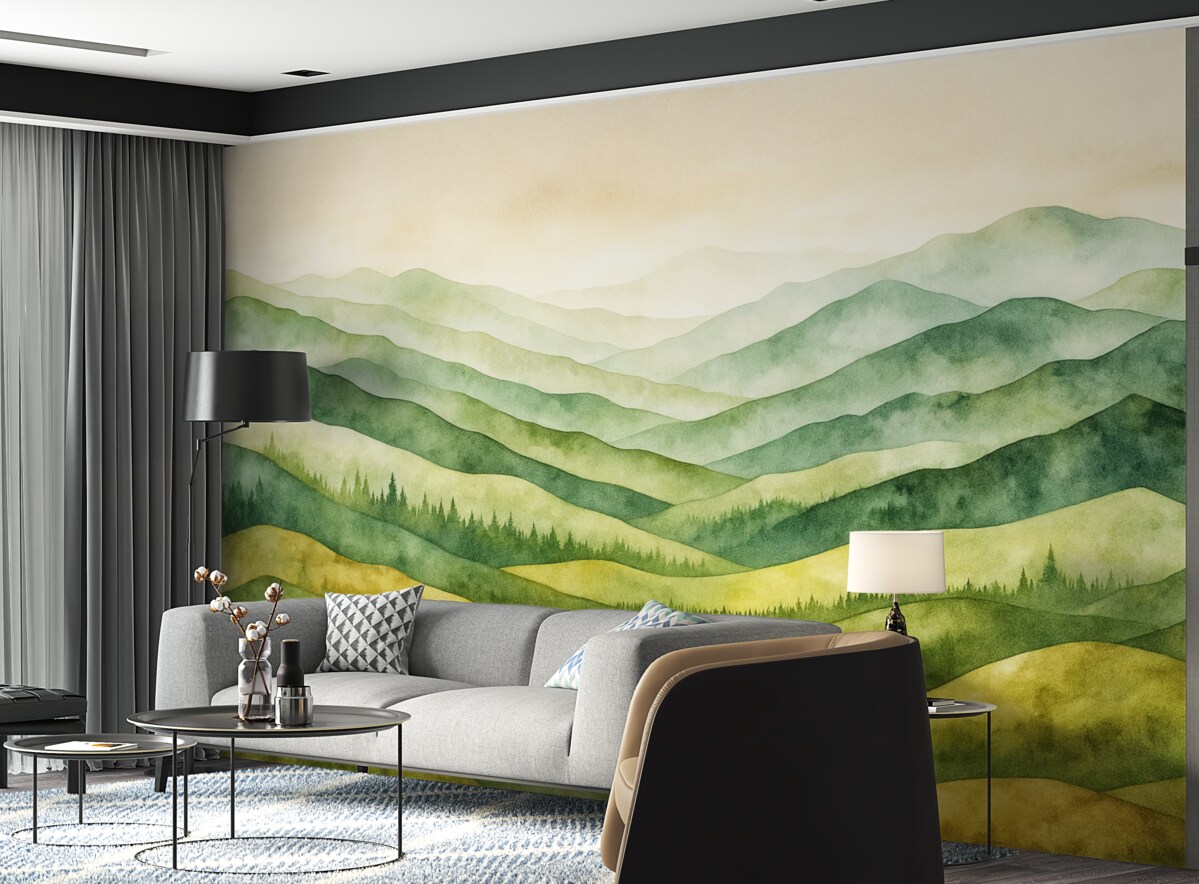 Fototapeta Akwarelowe pejzaże górskie, las, naturalne odcienie zieleni i beżu.