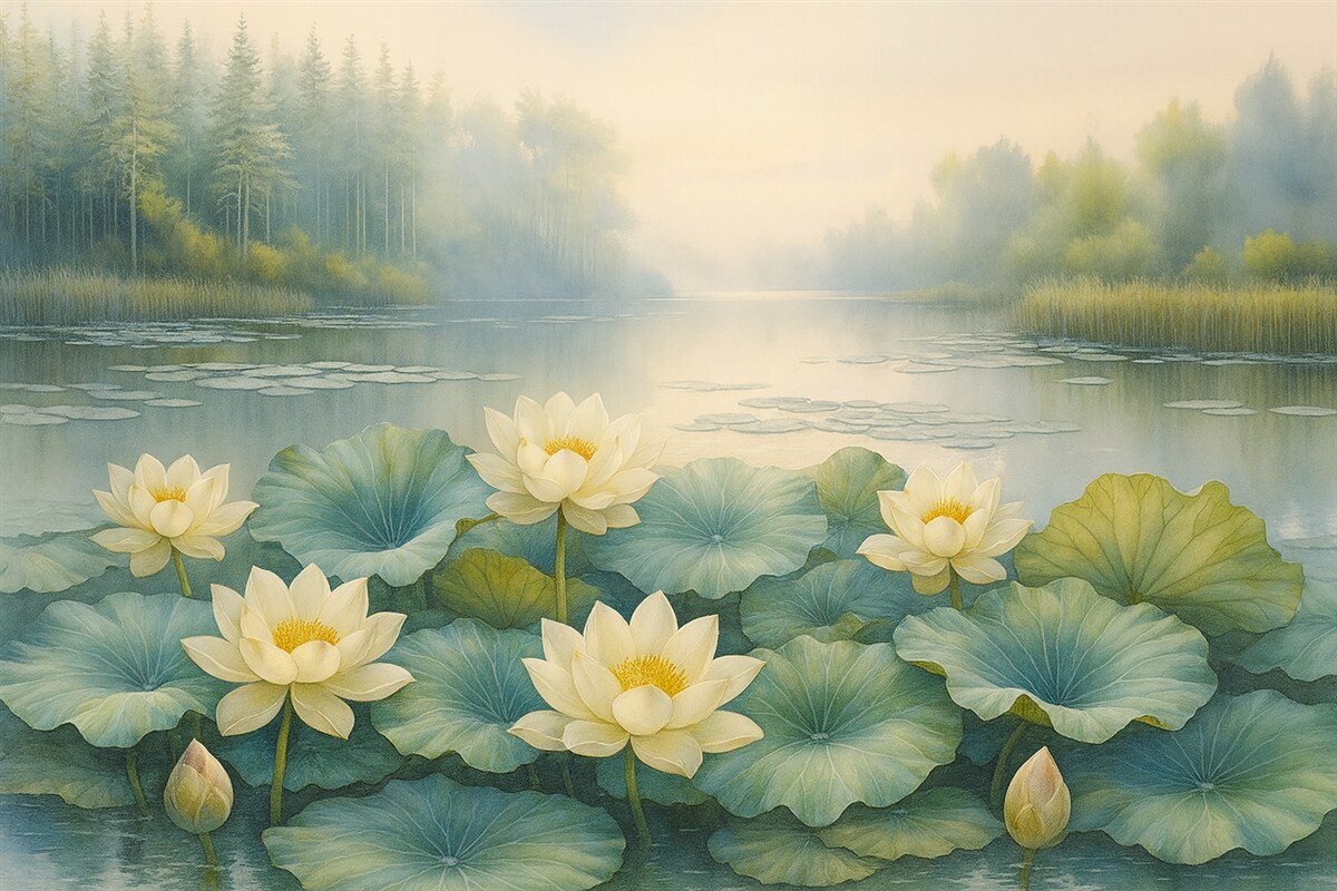 Fototapeta Lilie wodne, leśne jezioro, malowanie akrylowe, przyroda, odcienie zieleni i bieli.