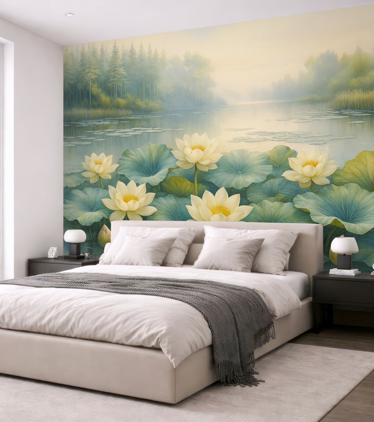 Fototapeta Lilie wodne, leśne jezioro, malowanie akrylowe, przyroda, odcienie zieleni i bieli.