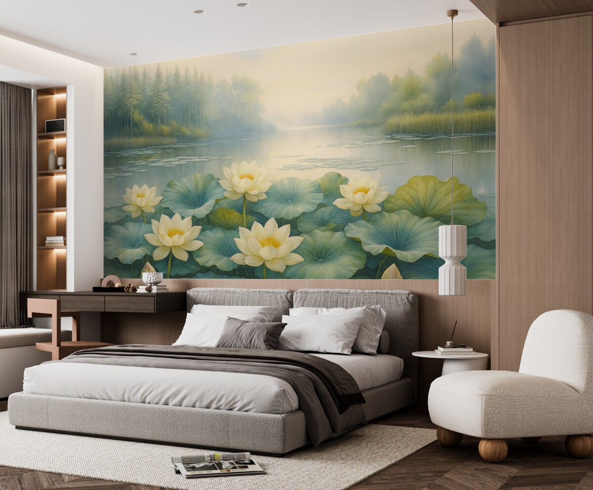 Fototapeta Lilie wodne, leśne jezioro, malowanie akrylowe, przyroda, odcienie zieleni i bieli.