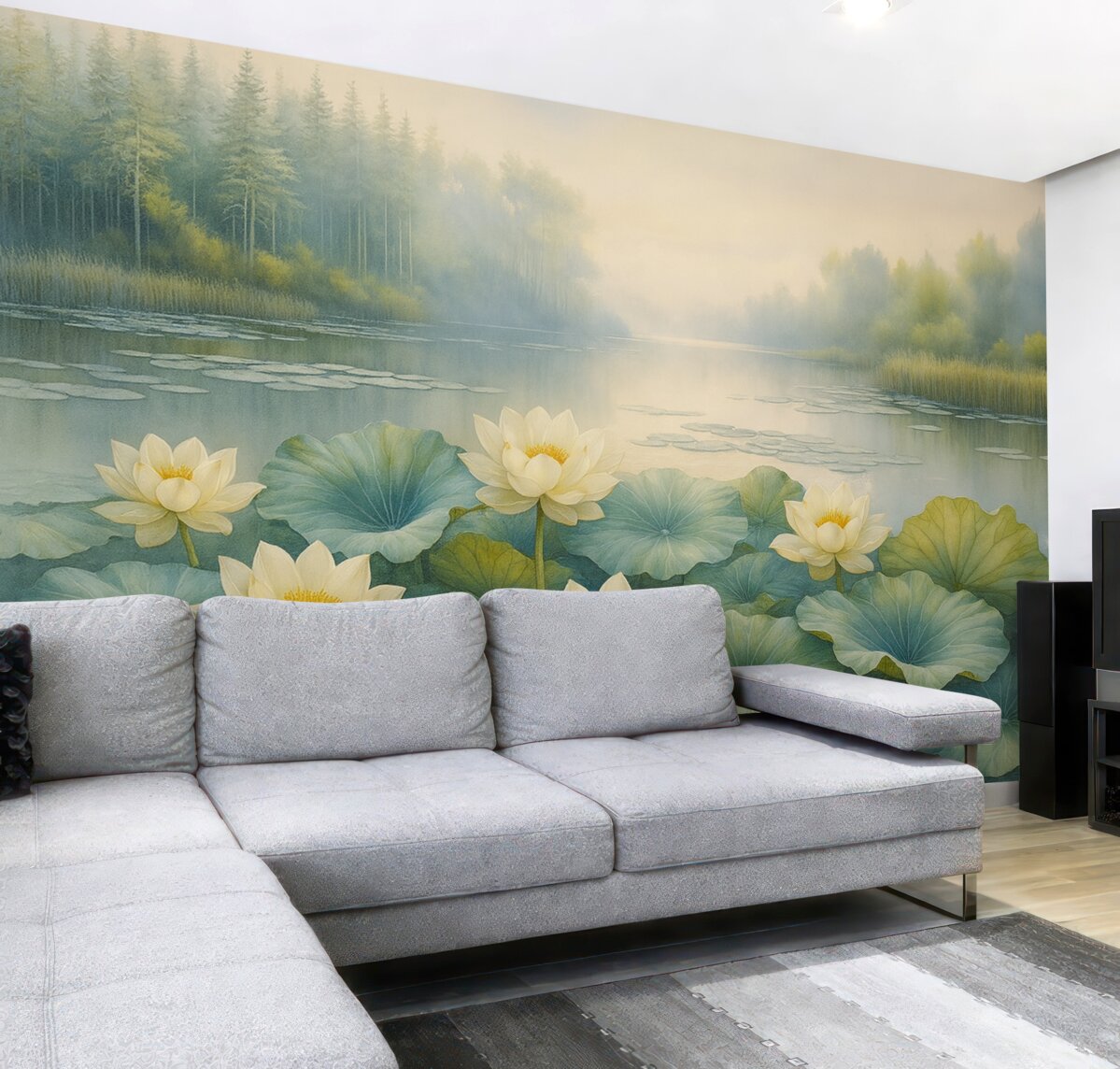 Fototapeta Lilie wodne, leśne jezioro, malowanie akrylowe, przyroda, odcienie zieleni i bieli.