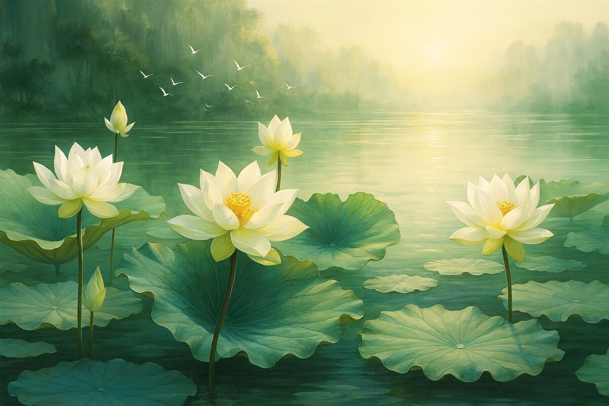 Fototapeta Lilie wodne na akwenie, malarstwo akrylowe, przyroda, odcienie zieleni i bieli.