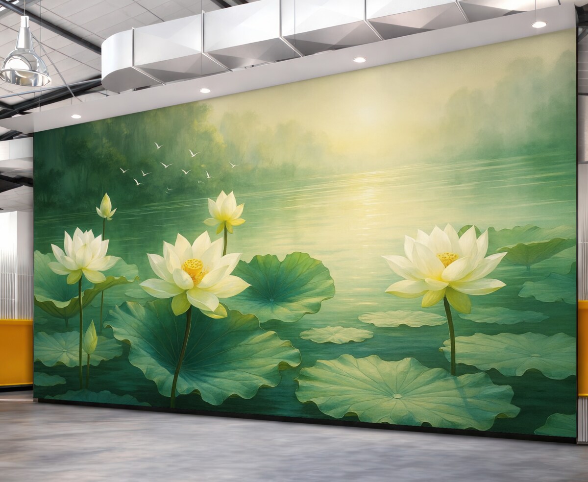 Fototapeta Lilie wodne na akwenie, malarstwo akrylowe, przyroda, odcienie zieleni i bieli.