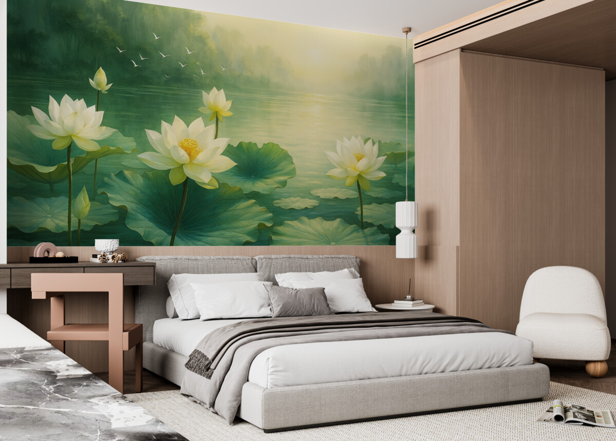 Fototapeta Lilie wodne na akwenie, malarstwo akrylowe, przyroda, odcienie zieleni i bieli.