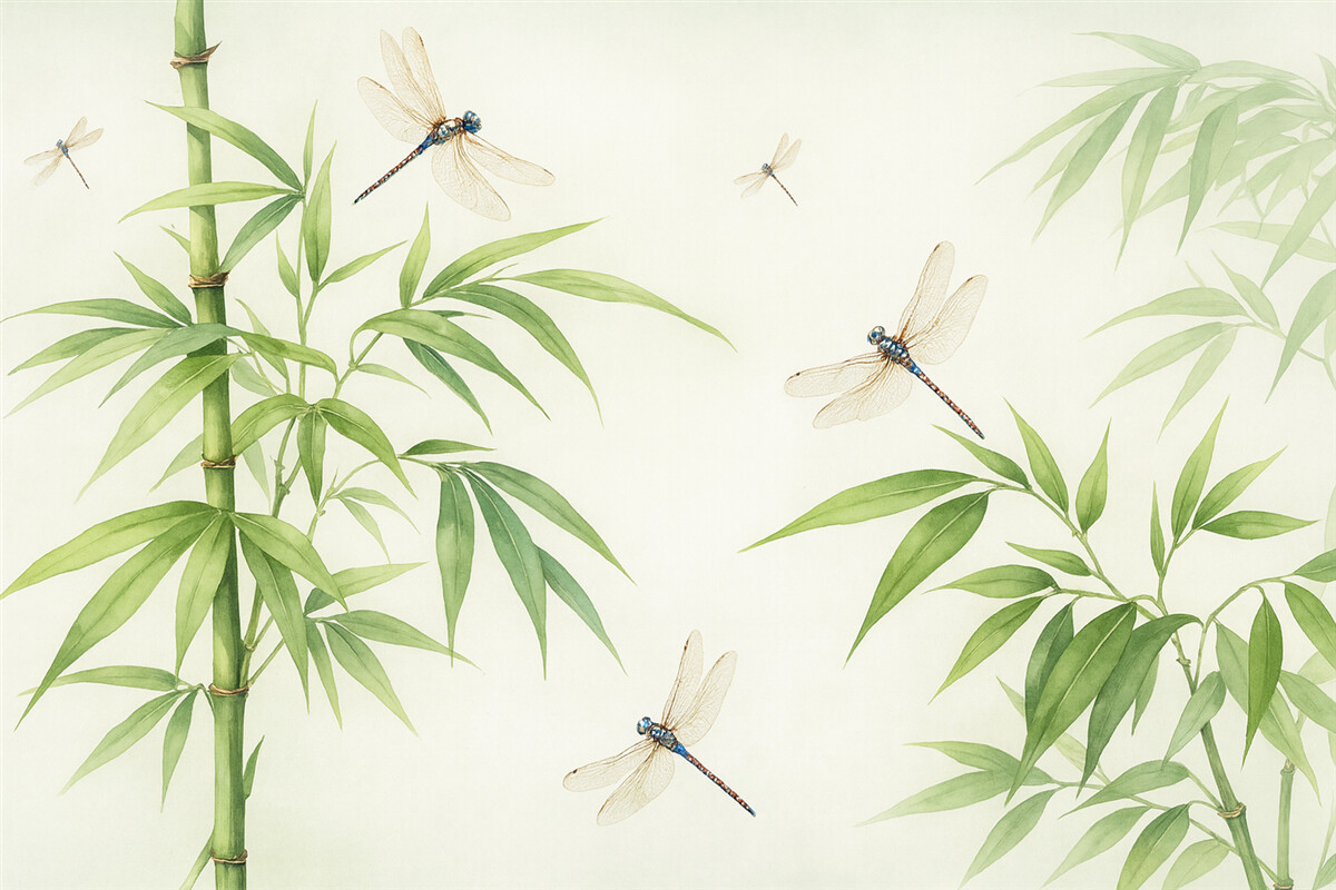 Fototapeta Las bambusowy, ważki unoszące się akwarelą, odcień zielony.