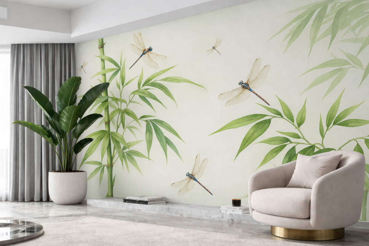 Fototapeta Las bambusowy, ważki unoszące się akwarelą, odcień zielony.