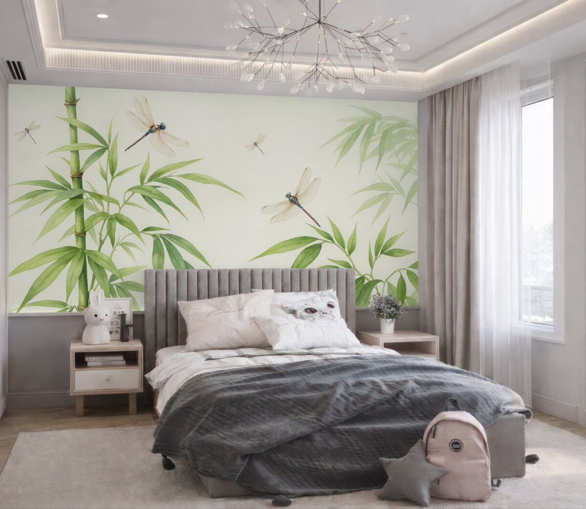 Fototapeta Las bambusowy, ważki unoszące się akwarelą, odcień zielony.