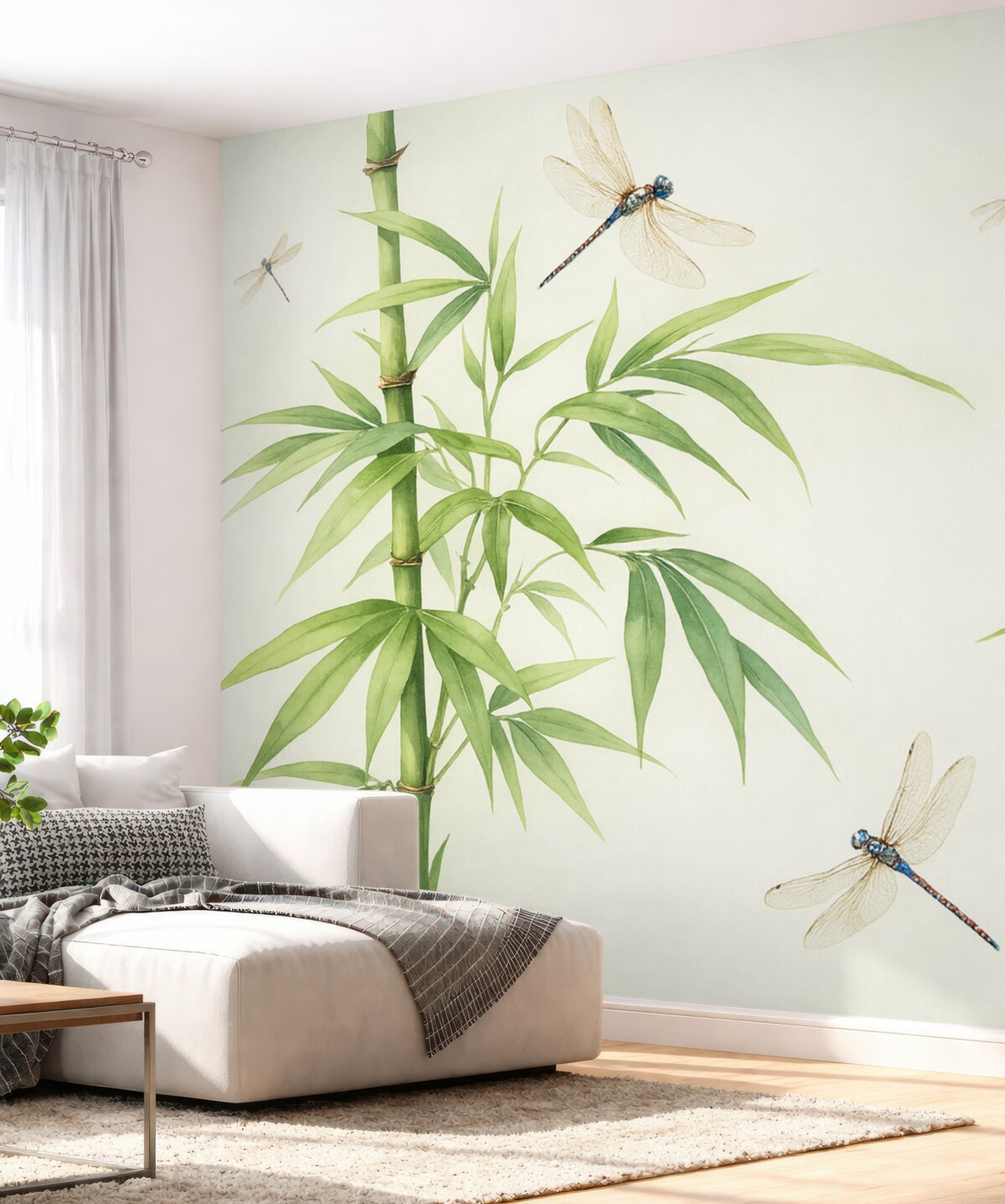 Fototapeta Las bambusowy, ważki unoszące się akwarelą, odcień zielony.