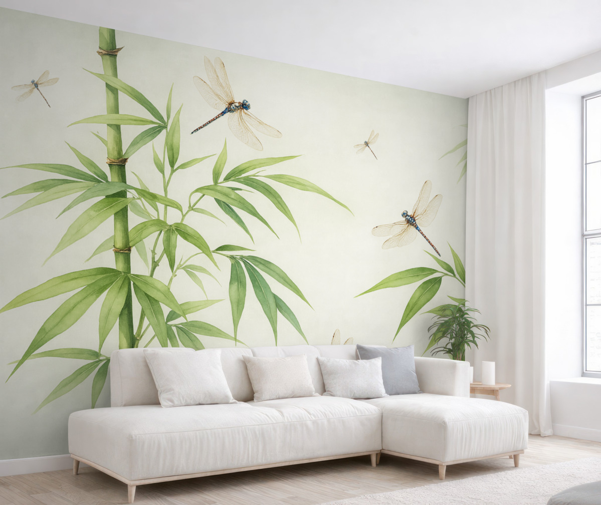 Fototapeta Las bambusowy, ważki unoszące się akwarelą, odcień zielony.