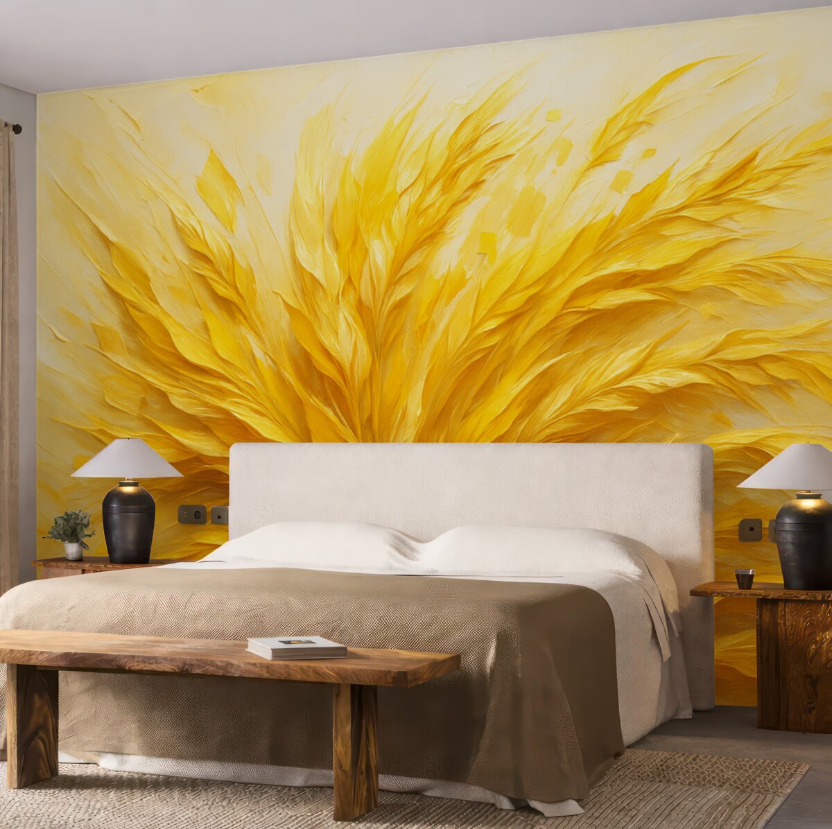 Fototapeta Abstrakcyjny obraz z pszenicznymi motywami i szerokimi pociągnięciami, w odcieniu żółtym.