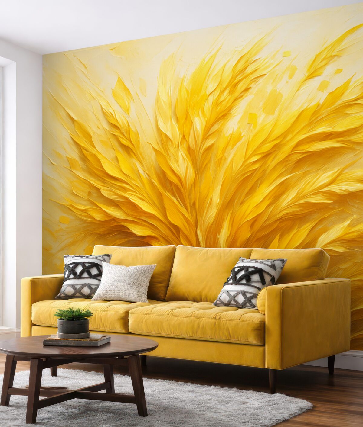 Fototapeta Abstrakcyjny obraz z pszenicznymi motywami i szerokimi pociągnięciami, w odcieniu żółtym.