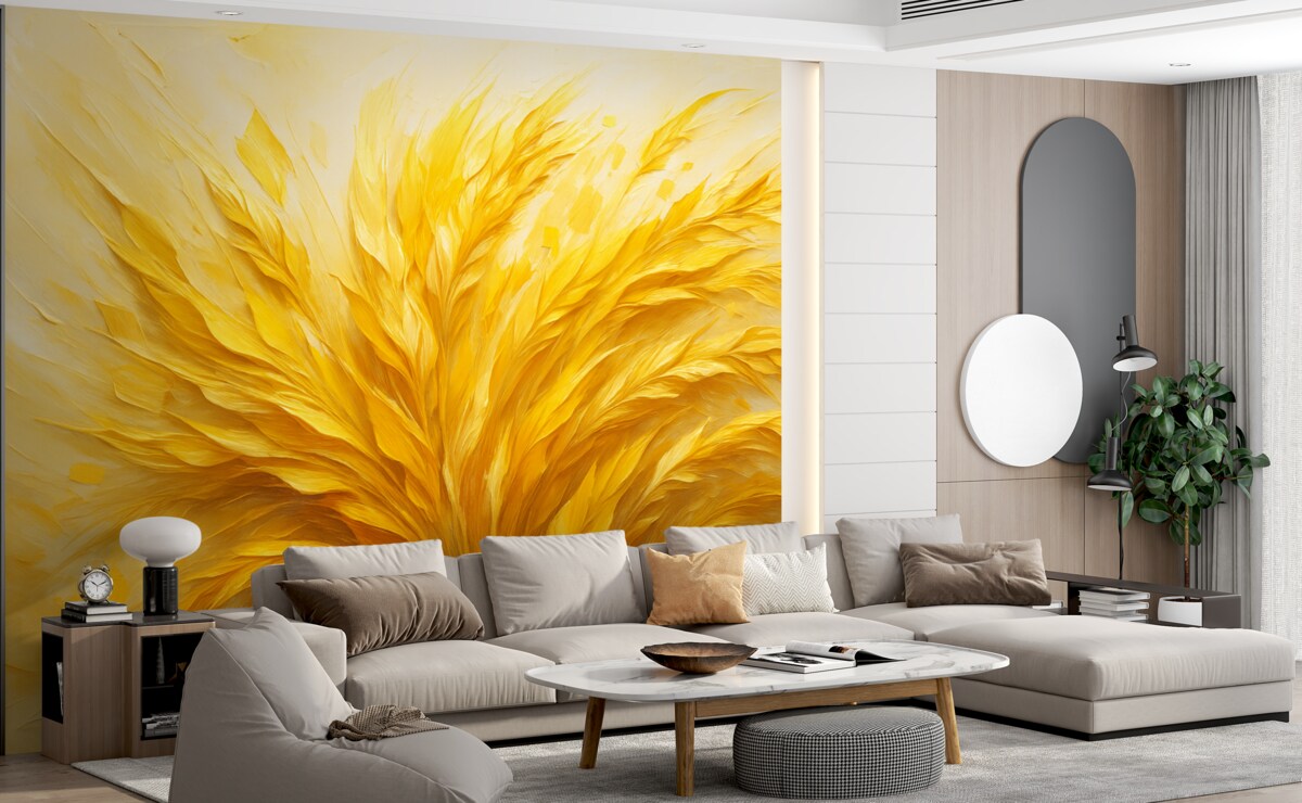 Fototapeta Abstrakcyjny obraz z pszenicznymi motywami i szerokimi pociągnięciami, w odcieniu żółtym.