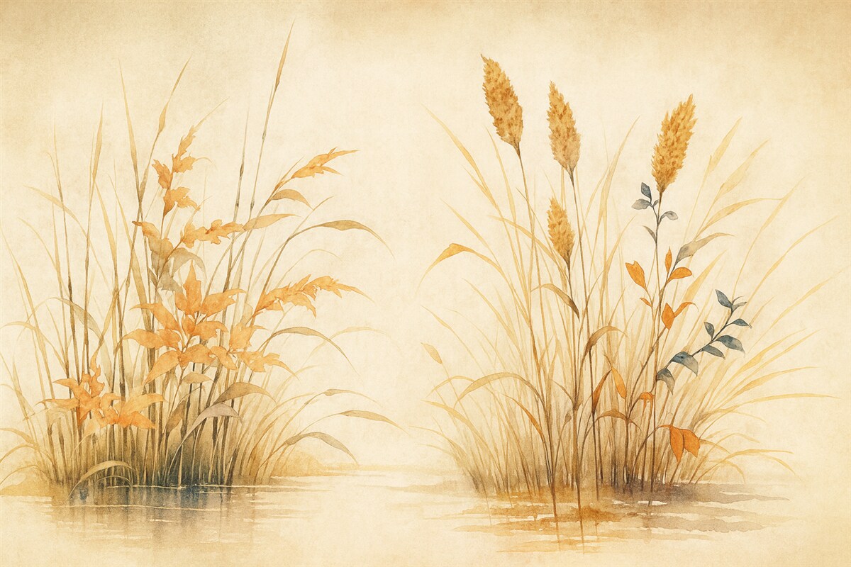 Fototapeta Krzewy trzcinowe o fakturze zbiornika, akwarela, kolor beżowy, odcień pomarańczowy.