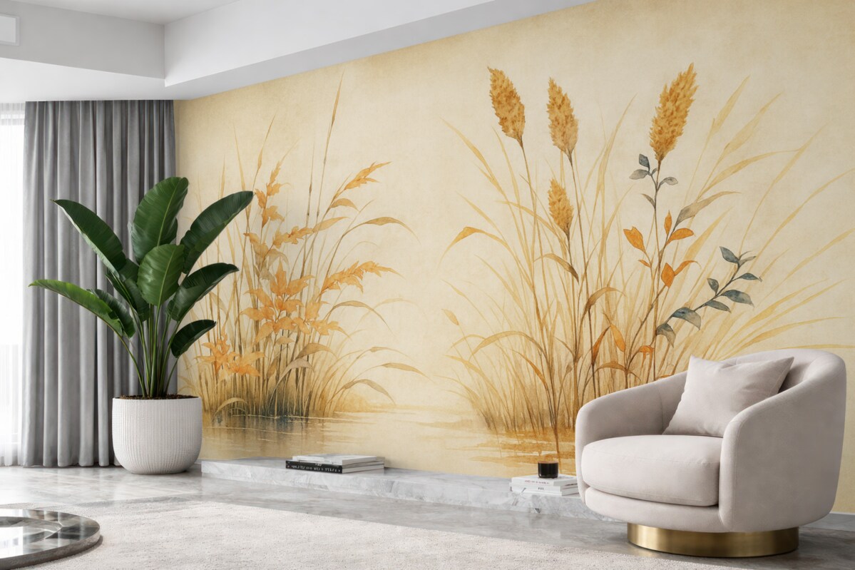 Fototapeta Krzewy trzcinowe o fakturze zbiornika, akwarela, kolor beżowy, odcień pomarańczowy.