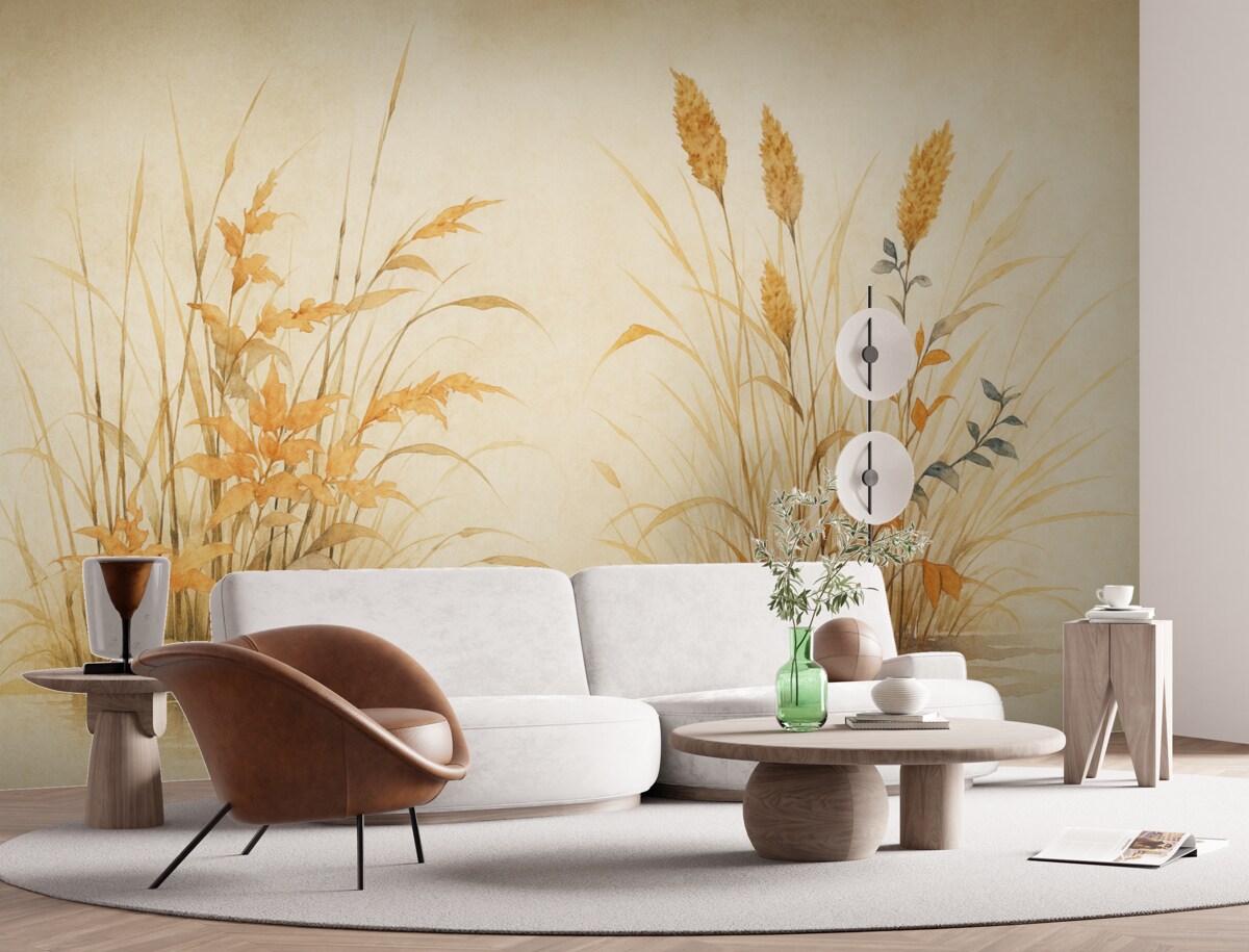 Fototapeta Krzewy trzcinowe o fakturze zbiornika, akwarela, kolor beżowy, odcień pomarańczowy.