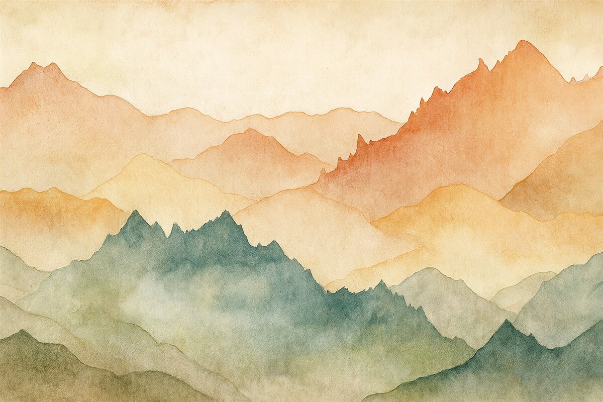 Fototapeta Góry, akwarela retro, odcień różowy, niebieski oraz żółty.