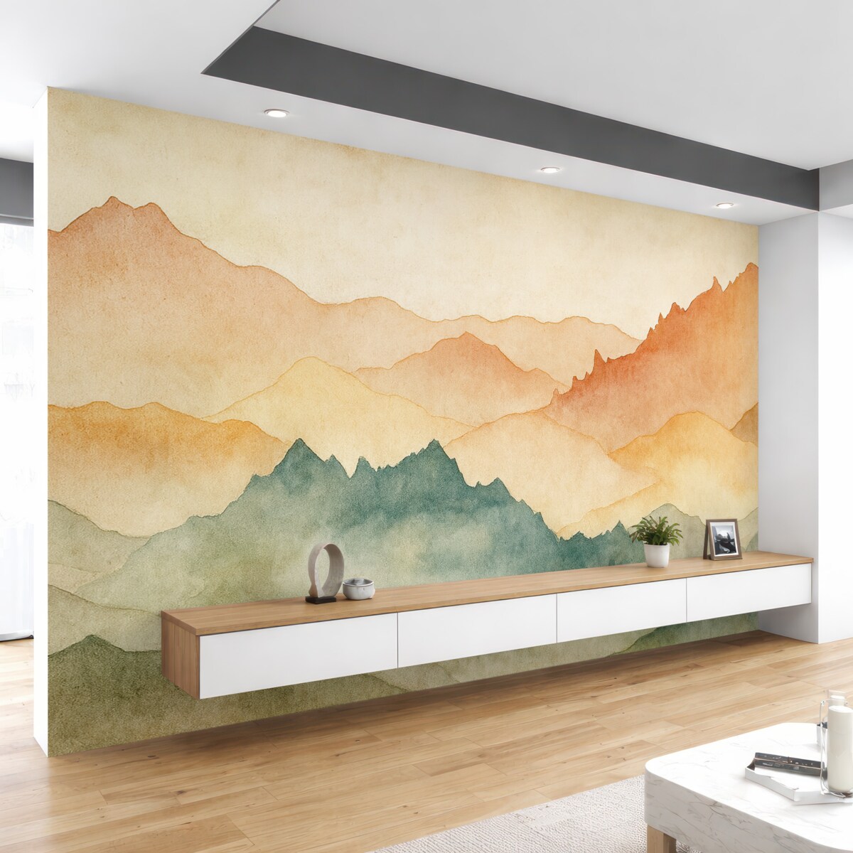 Fototapeta Góry, akwarela retro, odcień różowy, niebieski oraz żółty.