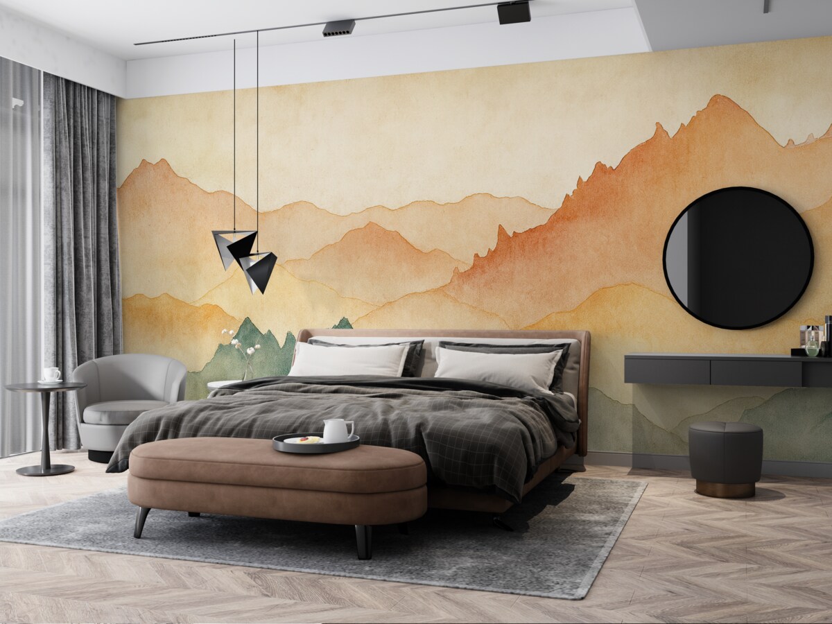 Fototapeta Góry, akwarela retro, odcień różowy, niebieski oraz żółty.