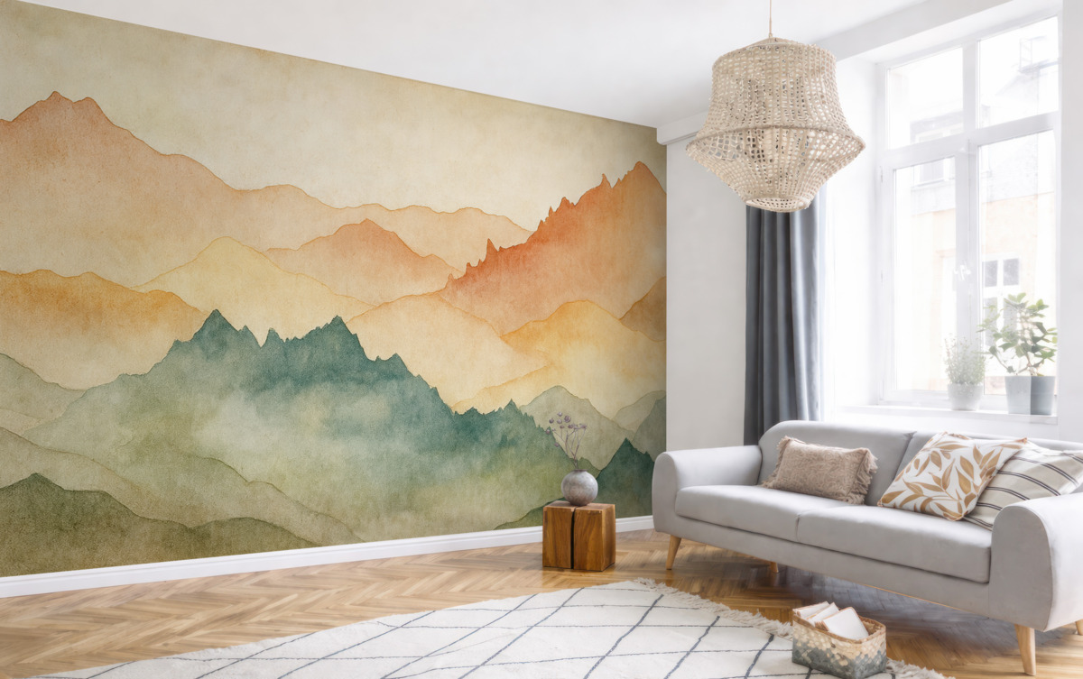 Fototapeta Góry, akwarela retro, odcień różowy, niebieski oraz żółty.