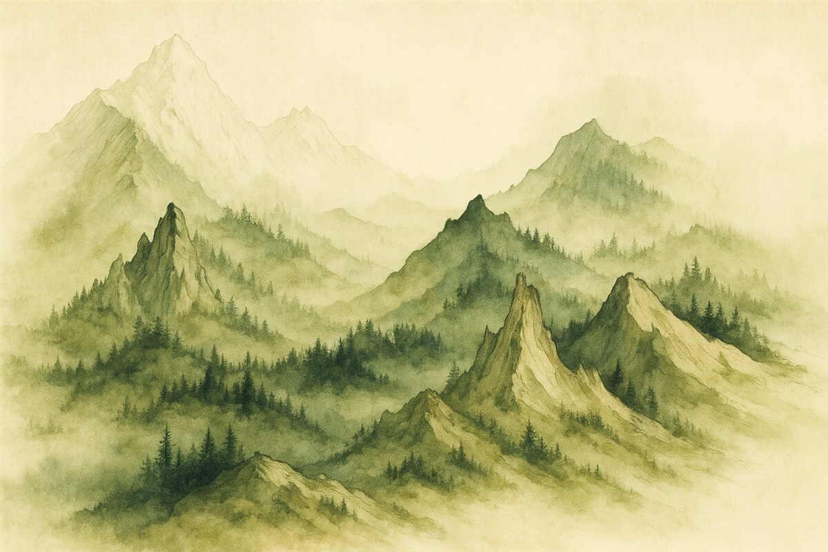Fototapeta Akwarela w stylu vintage, górskie pasma w odcieniu zieleni.