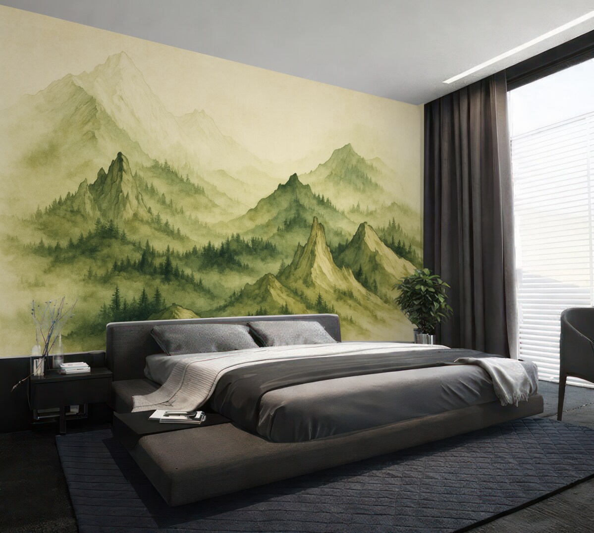 Fototapeta Akwarela w stylu vintage, górskie pasma w odcieniu zieleni.