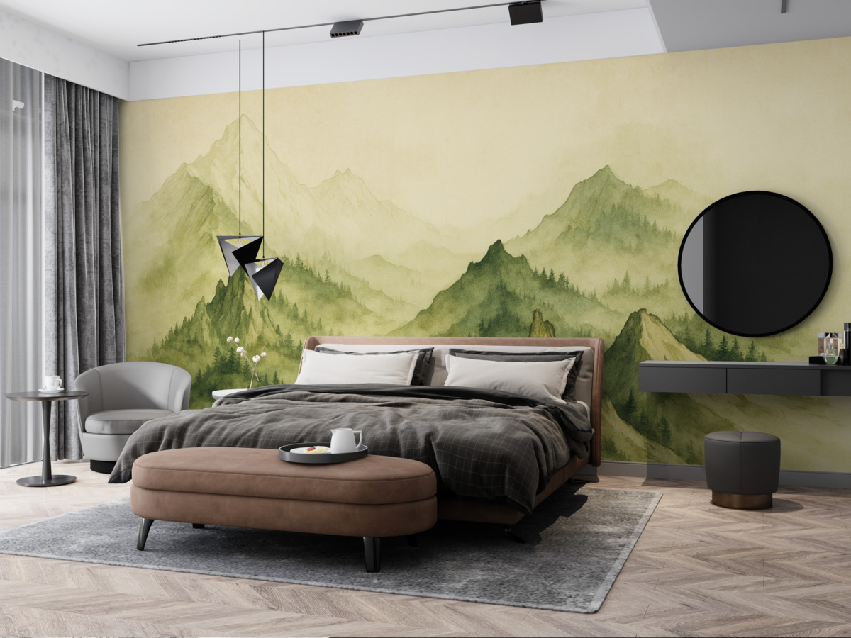 Fototapeta Akwarela w stylu vintage, górskie pasma w odcieniu zieleni.