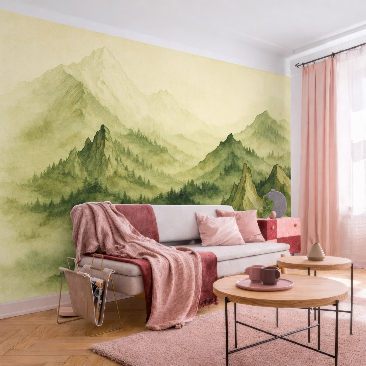 Fototapeta Akwarela w stylu vintage, górskie pasma w odcieniu zieleni.