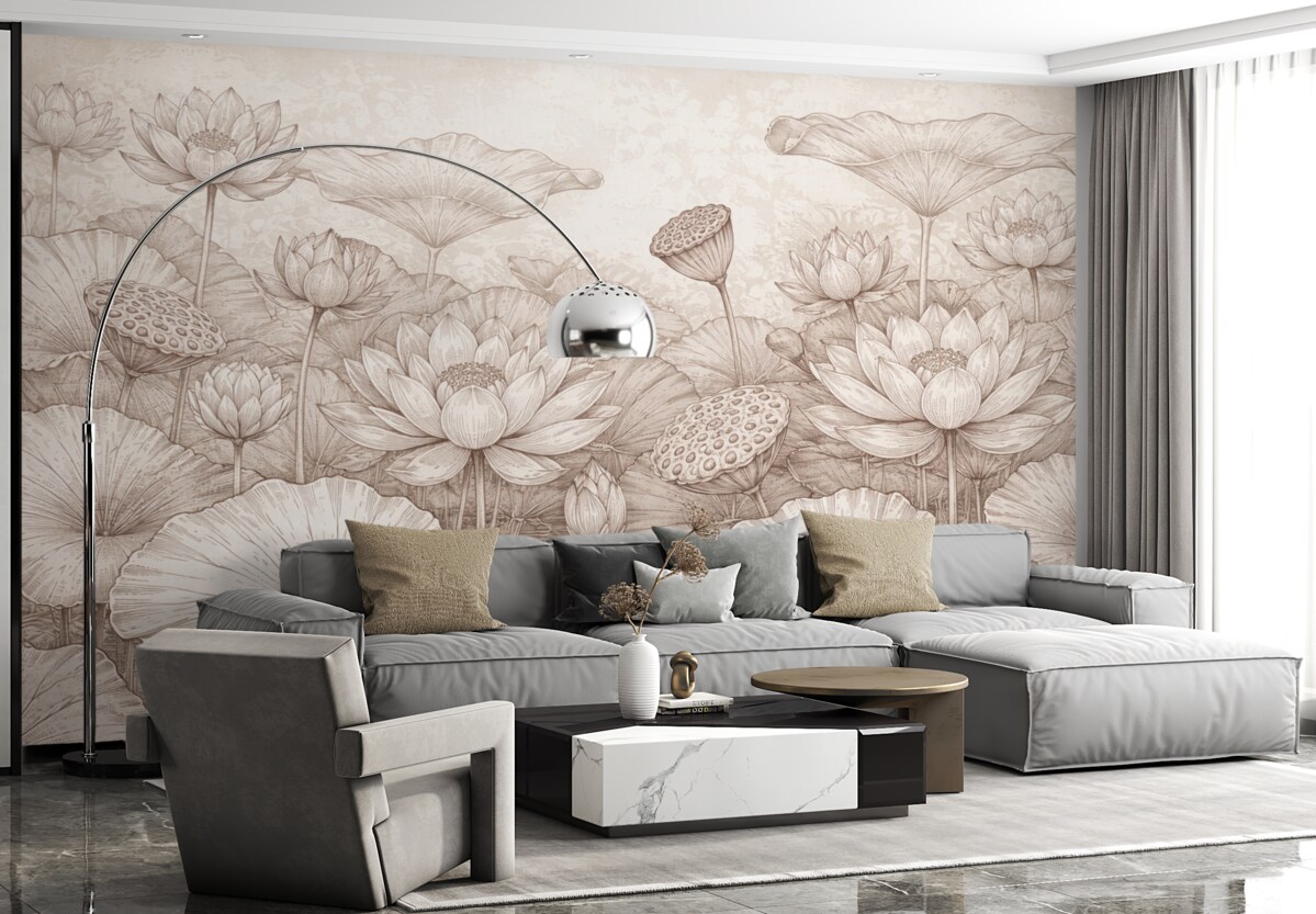 Fototapeta Malowanie pastelowego różowego łąki kwiatów lotosu z ich subtelnymi płatkami i liśćmi na miękkim, mglistym tle.