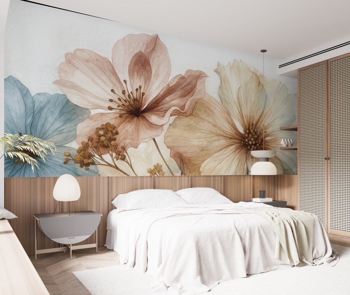 Fototapeta Subtelne przezroczyste kwiaty o gładkich, rozmytych brzegach na jasnym tle.