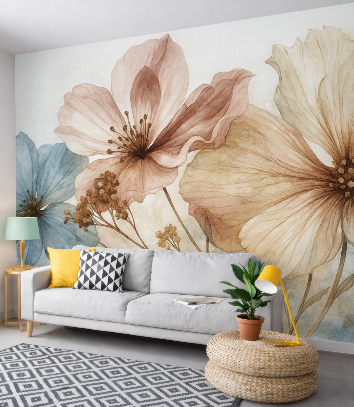 Fototapeta Subtelne przezroczyste kwiaty o gładkich, rozmytych brzegach na jasnym tle.