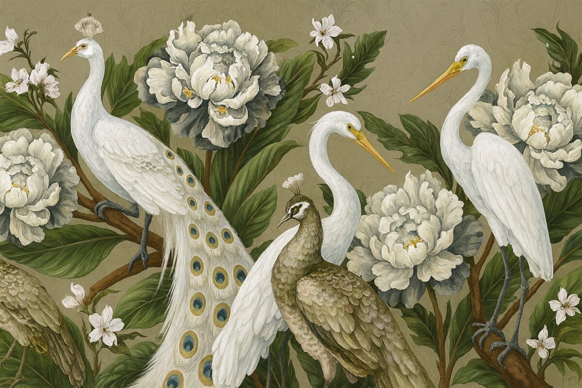 Fototapeta Para białych pawi z długimi ogonami otoczona jest dużymi białymi kwiatami piwonii oraz bujnymi zielonymi liśćmi.