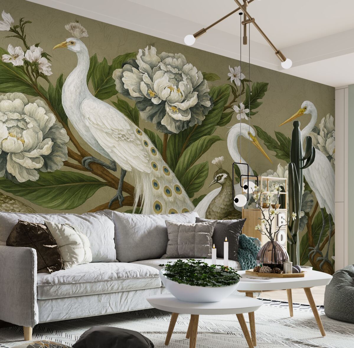 Fototapeta Para białych pawi z długimi ogonami otoczona jest dużymi białymi kwiatami piwonii oraz bujnymi zielonymi liśćmi.